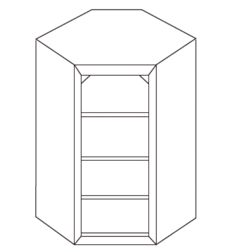 A simple black and white sketch of a corner cabinet with shelves.